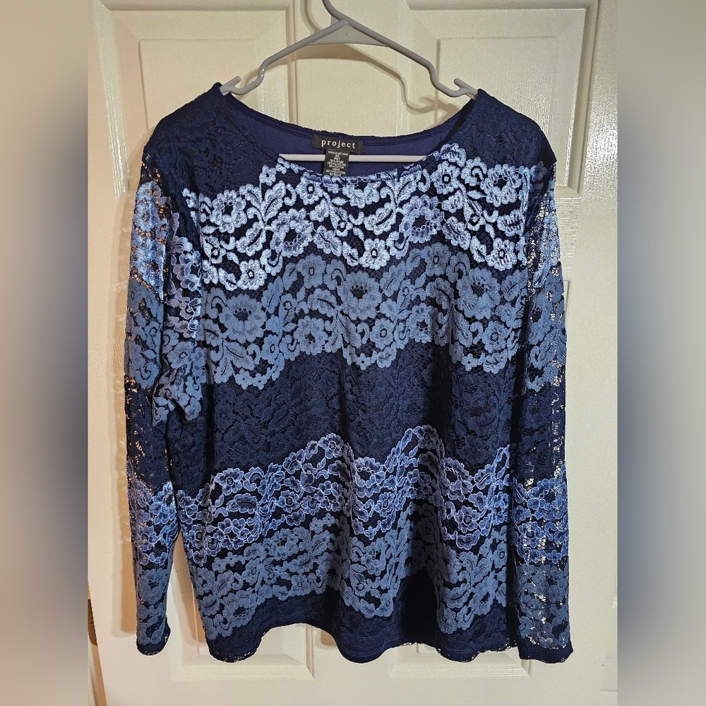 Project Women XL Blouse Navy Blue Floral Lace Long Sleeve Top Statement Coquette - Picture 2 of 6